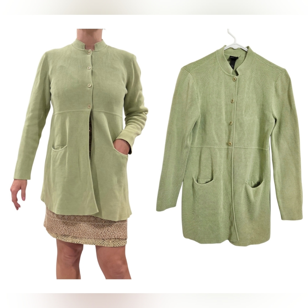 EILEEN FISHER Silk Cotton Interlock Knit Stand‎ Collar Long Jacket Small Sage